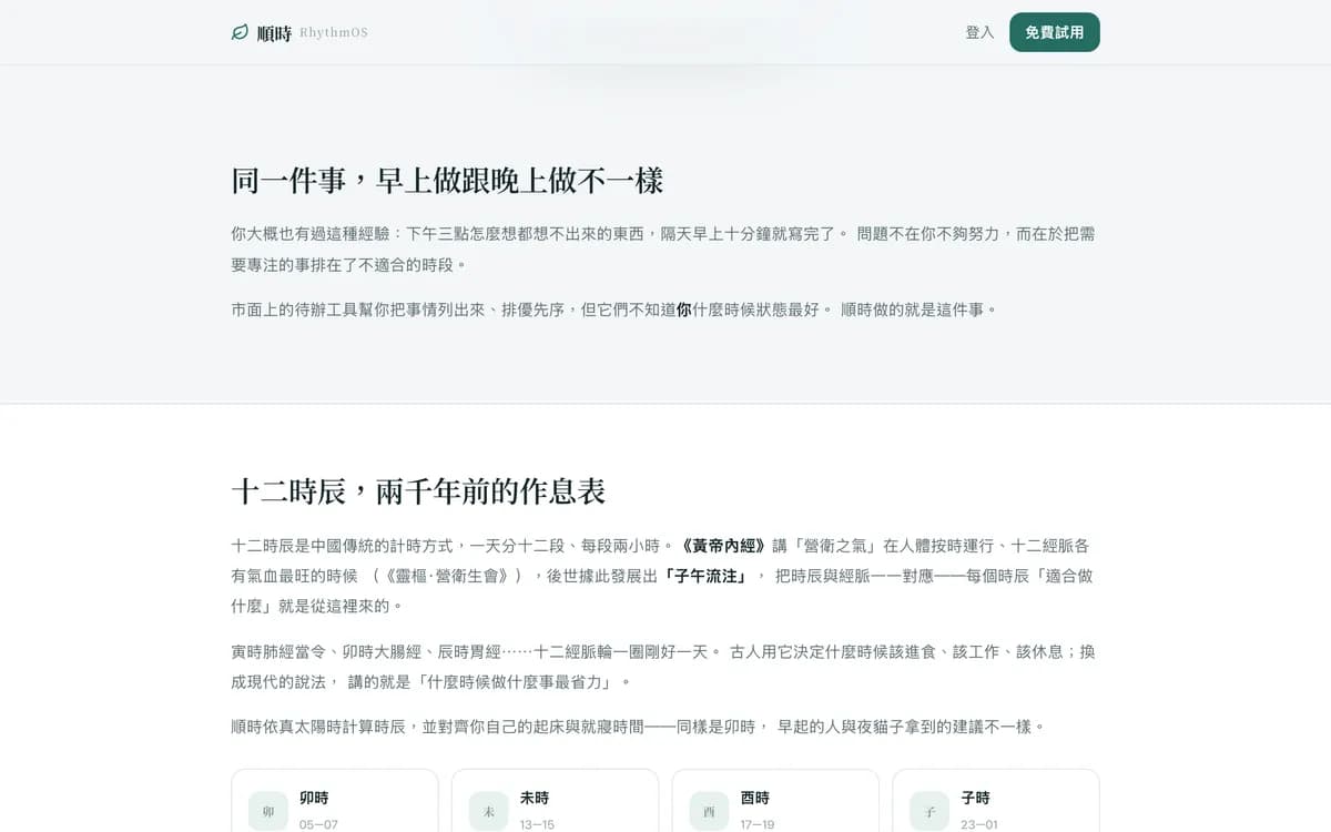 順時：首頁的主張：同一件事，早上做跟晚上做不一樣，下面接著解釋十二時辰。