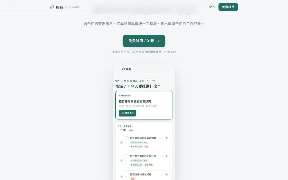 順時：產品畫面：待辦事項被排進一天當中不同的時段，卡片上直接寫出建議做什麼。